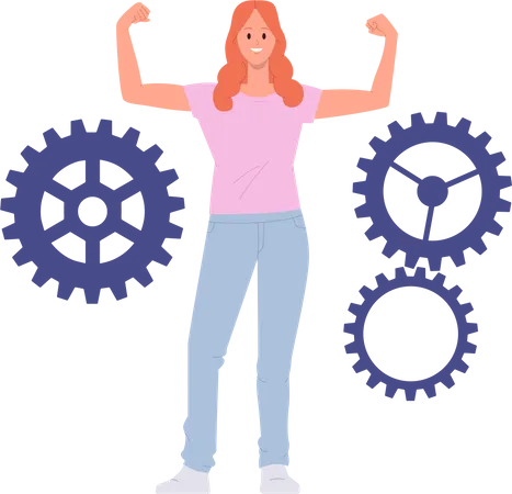 Excited Woman Cartoon Character Showing Arm Muscle Winner Gesture Proud Of Find Creative Solution To Fix Problem And Troubleshooting Happy Female Standing Nearby Cogwheels Gear Vector Illustration Illustration