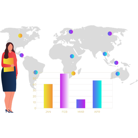 Woman showing worldwide graph  일러스트레이션
