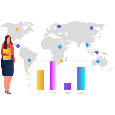 Woman showing worldwide graph  일러스트레이션
