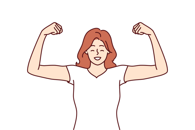 Woman shows biceps and smiles standing in strongman pose  Illustration