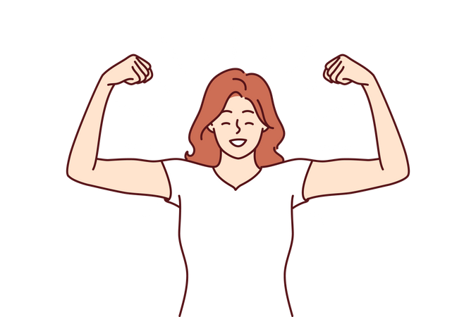 Woman shows biceps and smiles standing in strongman pose  Illustration