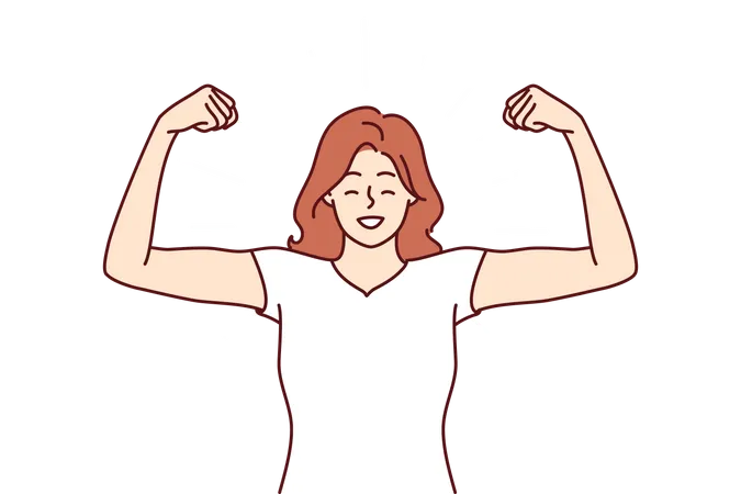 Woman shows biceps and smiles standing in strongman pose  Illustration