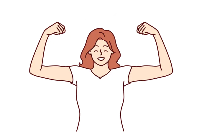 Woman Shows Biceps And Smiles Standing In Strongman Pose To Demonstrate Self Confidence And Readiness For New Achievements Girl Boasts Biceps After Going To Fitness Room And Training With Trainer Illustration