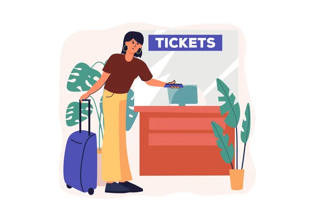 Woman shows her ticket at counter  Illustration