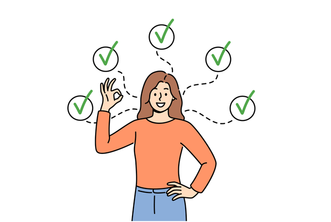 Woman shows ok gesture and reporting achievement of all assigned tasks  イラスト