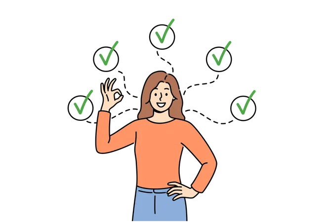 Woman Shows Ok Gesture Reporting Achievement Of All Assigned Tasks Standing Among Checkmarks Girl Filled Out Questionnaire About Quality Of Services Provided Is Busy Completing Tasks Illustration