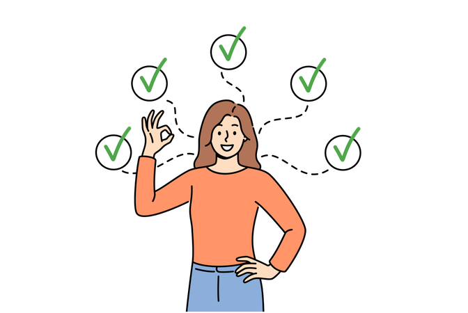 Woman shows ok gesture and reporting achievement of all assigned tasks  Illustration