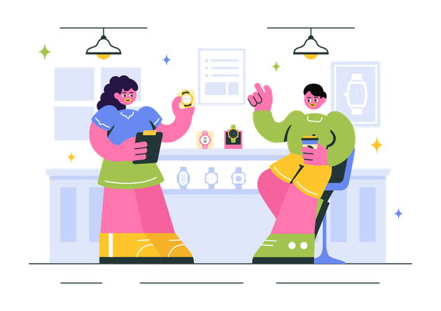 Woman shows price of Watches to man in Store  Illustration