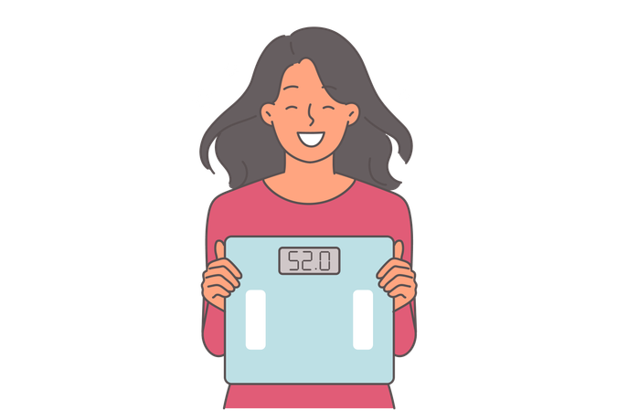 Woman shows scales after losing weight and smile  Illustration