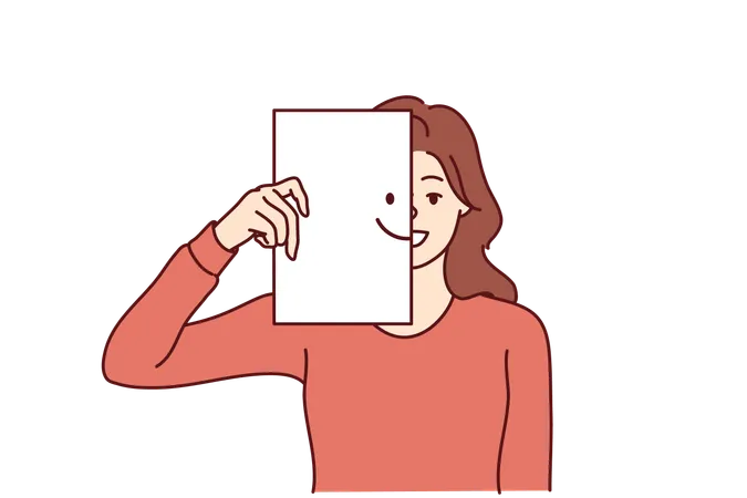 Happy Woman Covers Half Of Face With Paper With Smiling Emoticon Wanting To Share Good Mood And Positive With People Around Kind Girl Carelessly Looks At Camera Enjoying Life And Enjoying Moment Illustration
