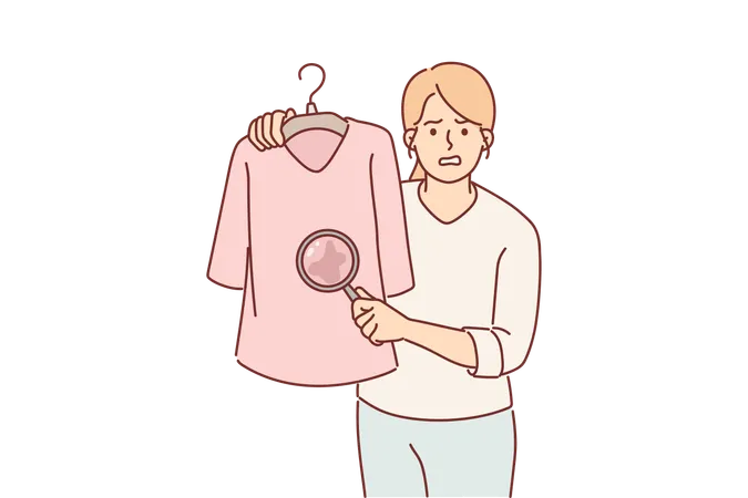 Woman Shows Stain On T Shirt Under Magnifying Glass And Needs To Go In Laundry And Use Laundry Detergent Girl Feels Annoyed Because Stain On Clothes That Appeared Due To Negligence And Slovenliness Illustration