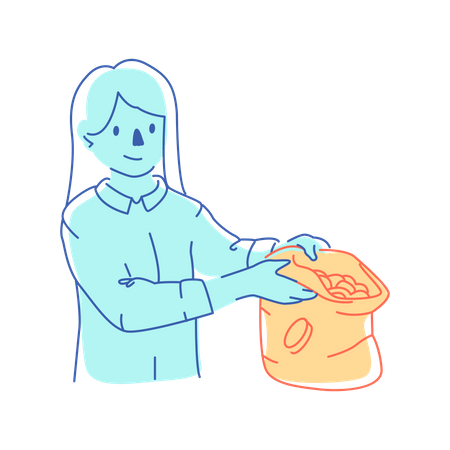 Woman shows the coins in the sack  Illustration