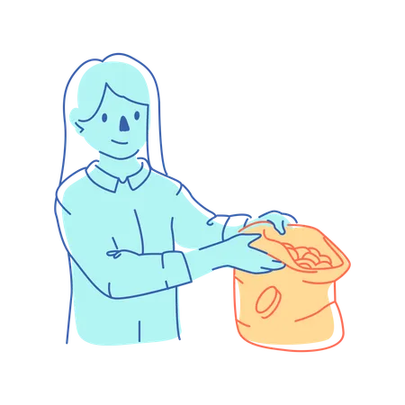 Woman shows the coins in the sack  Illustration