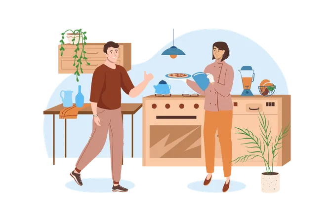 Kitchen Blue Concept With People Scene In The Flat Cartoon Design Woman Shows To Her Husband Which Italian Pizza She Cooked Vector Illustration Illustration