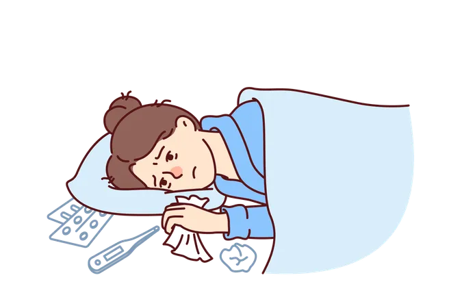 Woman sick with flu lies under blanket with handkerchief in hand near thermometer and medicines  Illustration