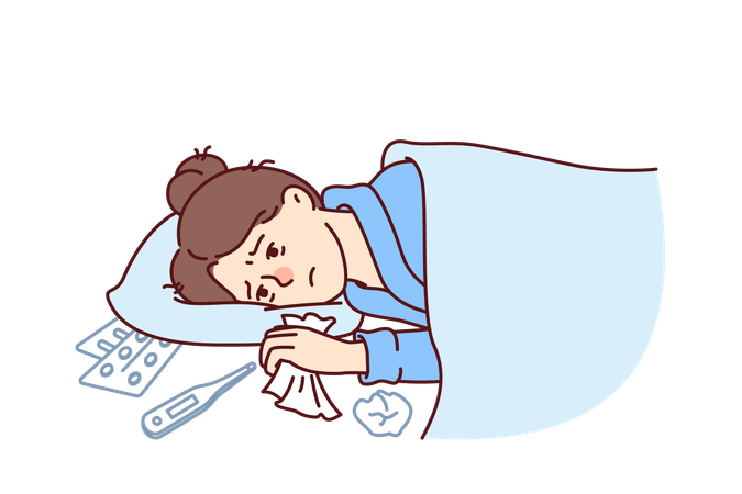 Woman sick with flu lies under blanket with handkerchief in hand near thermometer and medicines  Illustration