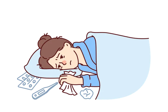 Woman Sick With Flu Lies Under Blanket With Handkerchief In Hand Near Thermometer And Medicines To Treat Fever Sick Girl Needs Qualified Medical Care Due To Outbreak Of Viral Infection Illustration