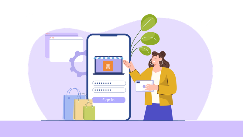 Woman sign in into shopping account  Illustration