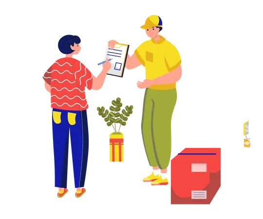 Woman signing document to receiving parcel box from delivery man Illustration