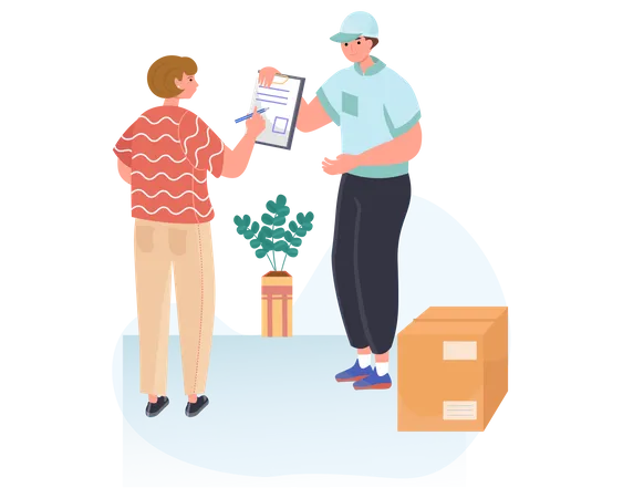 Woman signing document to receiving parcel box from delivery man  Illustration