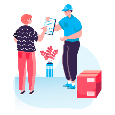 Woman signing document to receiving parcel box from delivery man  Illustration