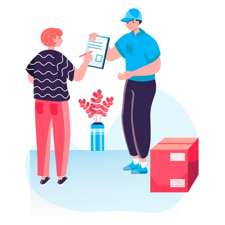 Woman signing document to receiving parcel box from delivery man  Illustration