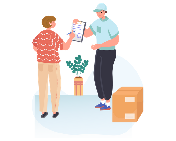 Woman signing document to receiving parcel box from delivery man  Illustration