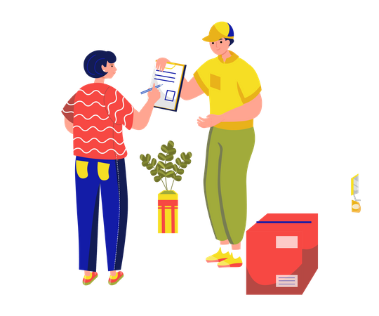 Woman signing document to receiving parcel box from delivery man  Illustration