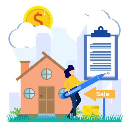 Woman signing house buy contract Illustration