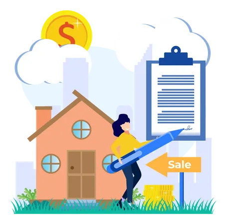 Woman signing house buy contract Illustration