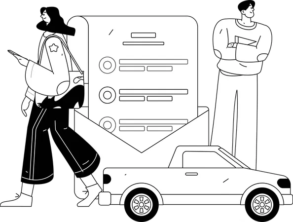 Woman signs insurance contract of car  Illustration
