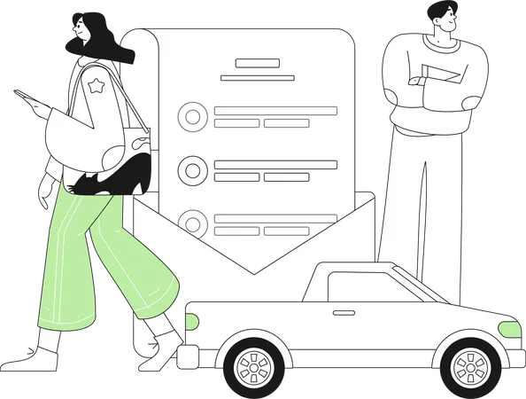 Woman signs insurance contract of car  Illustration