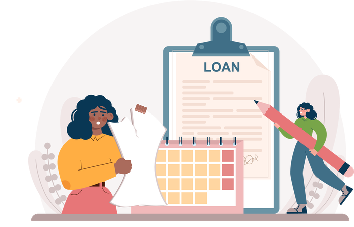 Woman signs loan agreement paper  Illustration