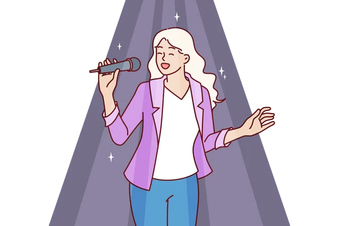 Woman Sings Karaoke Holding Microphone And Enjoying Creative Hobby During Party In Nightclub Girl Visits Karaoke Bar And Sings Favorite Songs Standing In Spotlight And Dreaming Of Becoming Celebrity Illustration