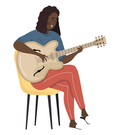 Woman sings song while playing guitar  イラスト
