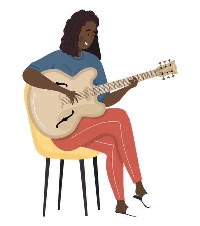 Woman Sings Song Girl Sits On Chair Playing Guitar Person Creates Music Isolated On White Female Character Uses Musical Instrument Musician Plays Strings On Instrument Guitarist Making Melody Illustration