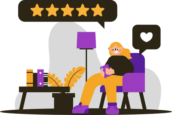 Woman siring on chair and giving five stars  Illustration