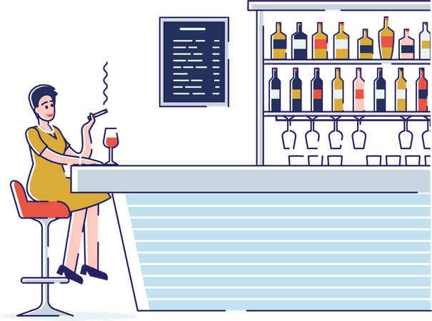 Woman Sit At Bar Counter And Have A Good Time Smoking And Drinking Alcohol, Have Fun  Illustration