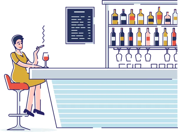 Woman Sit At Bar Counter And Have A Good Time Smoking And Drinking Alcohol, Have Fun  Illustration