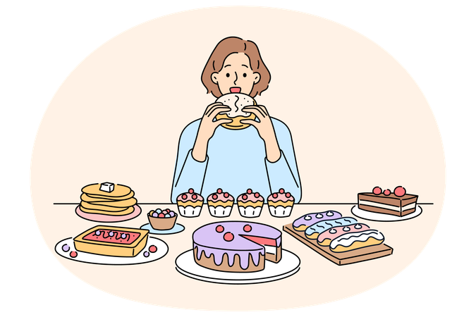 Woman sit at table eating numerous desserts  Illustration