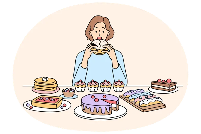 Woman sit at table eating numerous desserts  Illustration