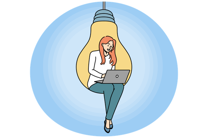 Woman sit on light bulb work on laptop  Illustration