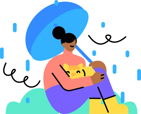 Women Sat Under The Pouring Rain But She Had Her Umbrella イラスト