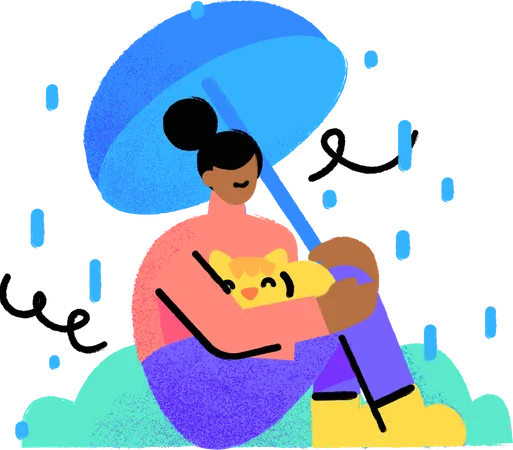 Women Sat Under The Pouring Rain Brush Vector Style Illustration