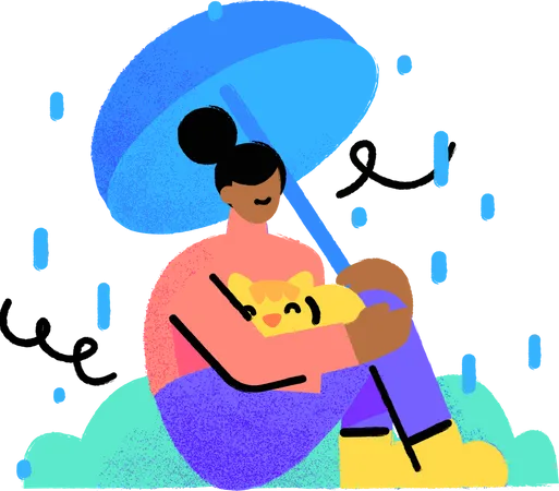 Woman sit under umbrella during rainfall  Illustration