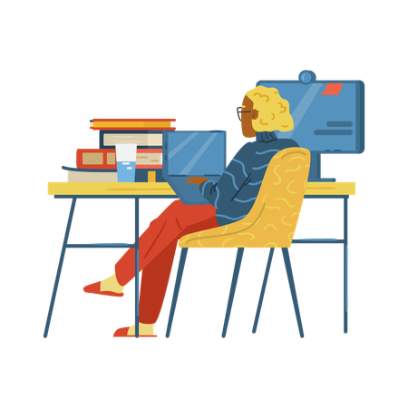 Woman sits at desk with computer and laptop  Illustration