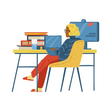 Woman sits at desk with computer and laptop  Illustration