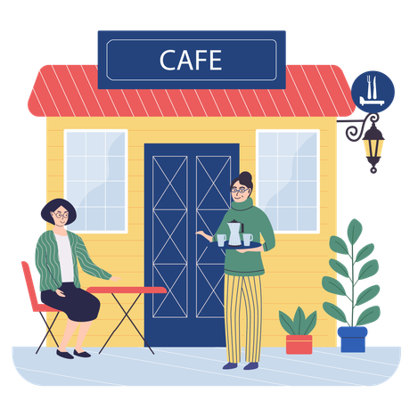 Woman sits at table in cozy cafe  Illustration