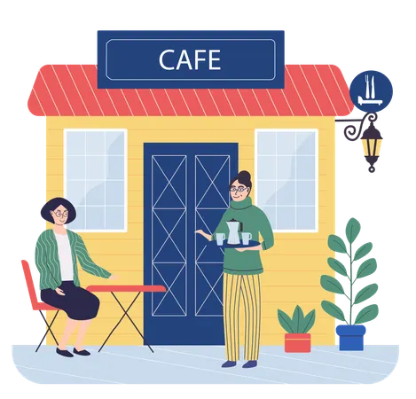 Woman sits at table in cozy cafe  Illustration