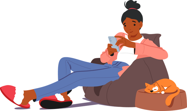 Woman Sits Comfortably In An Armchair Engrossed In Her Mobile Device  Illustration